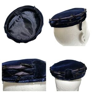 Vintage 60s Navy Velvet Pillbox Hat | Satin Band & Black Sequin Trim
